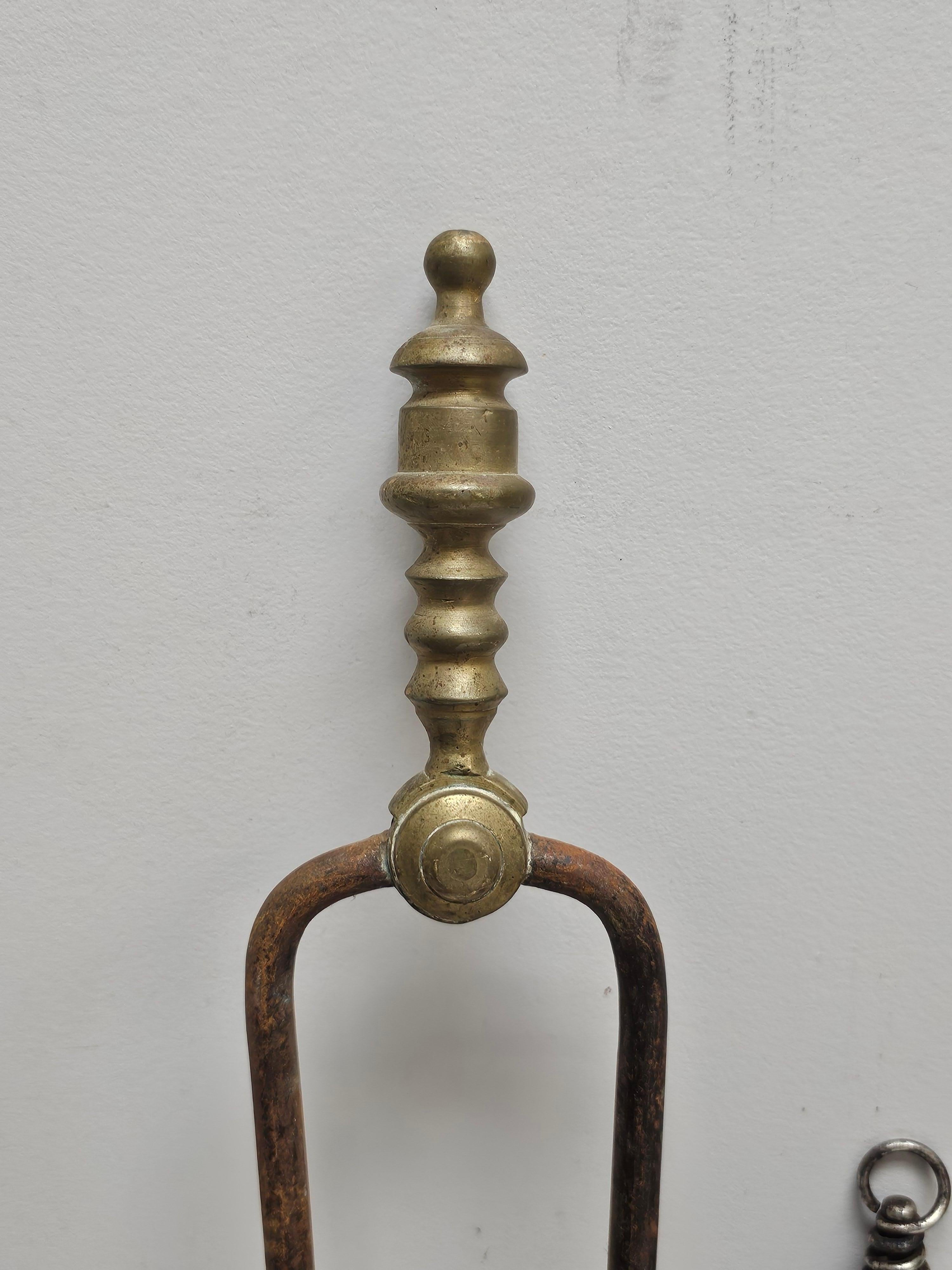 American Colonial Set of Three Early American Brass and Iron Fireplace Tools For Sale