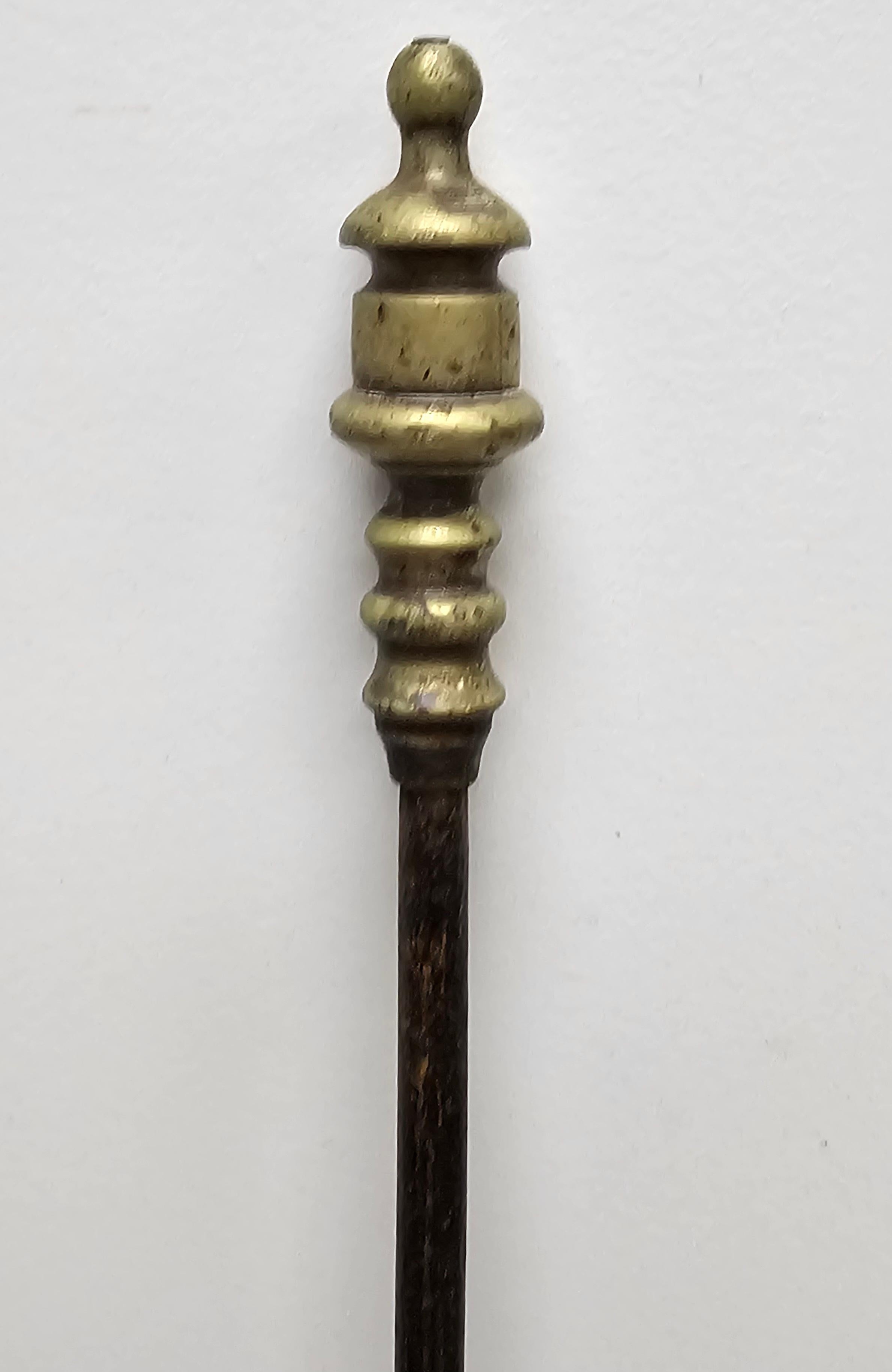 Stained Set of Three Early American Brass and Iron Fireplace Tools For Sale