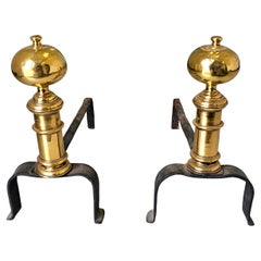 Pair 18th Century Early American Brass and Iron Canon Ball Andirons