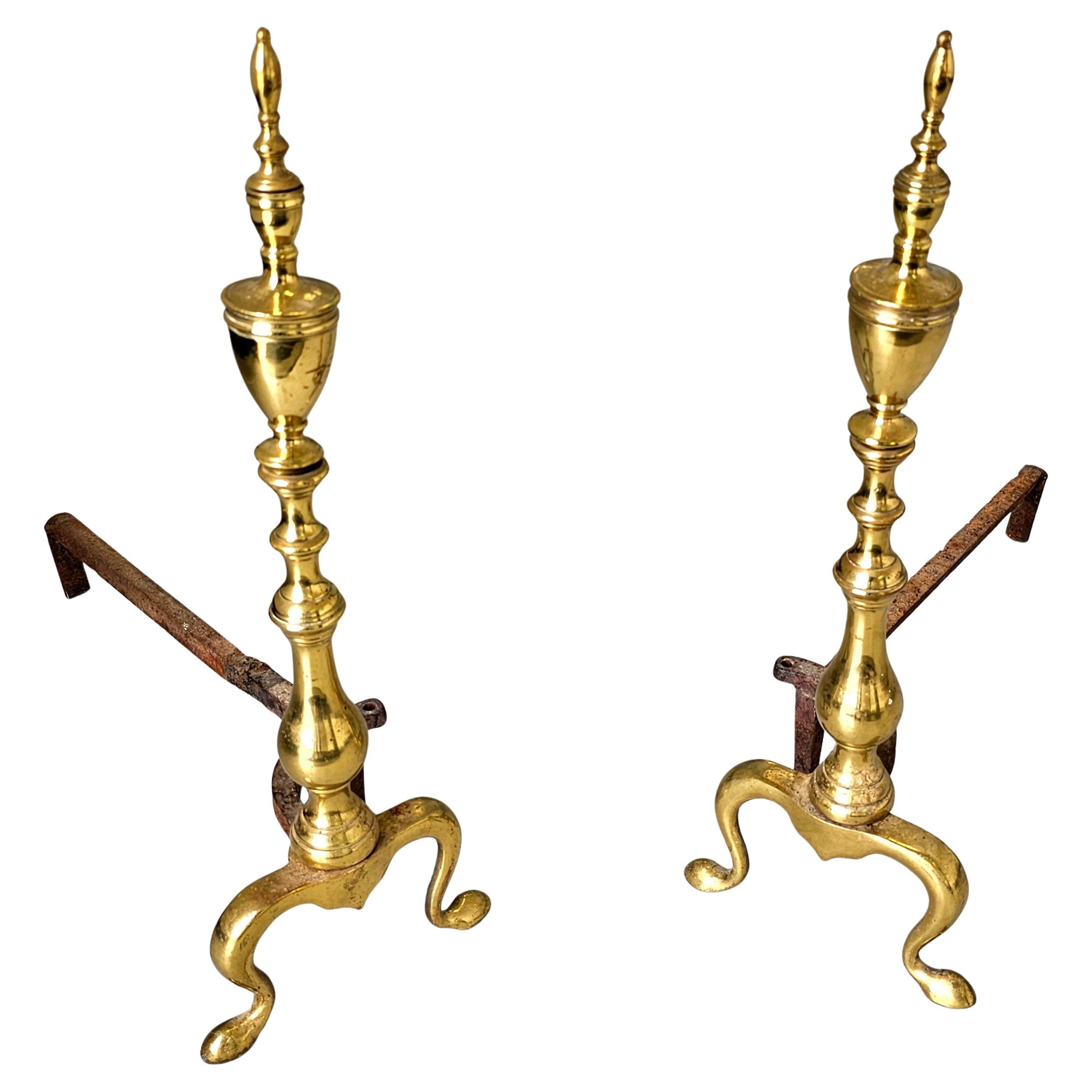 Pair of Late 19th Century Solid Brass Andirons with Log Stops For Sale