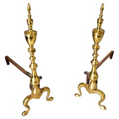 Pair of Late 19th Century Solid Brass Andirons with Log Stops