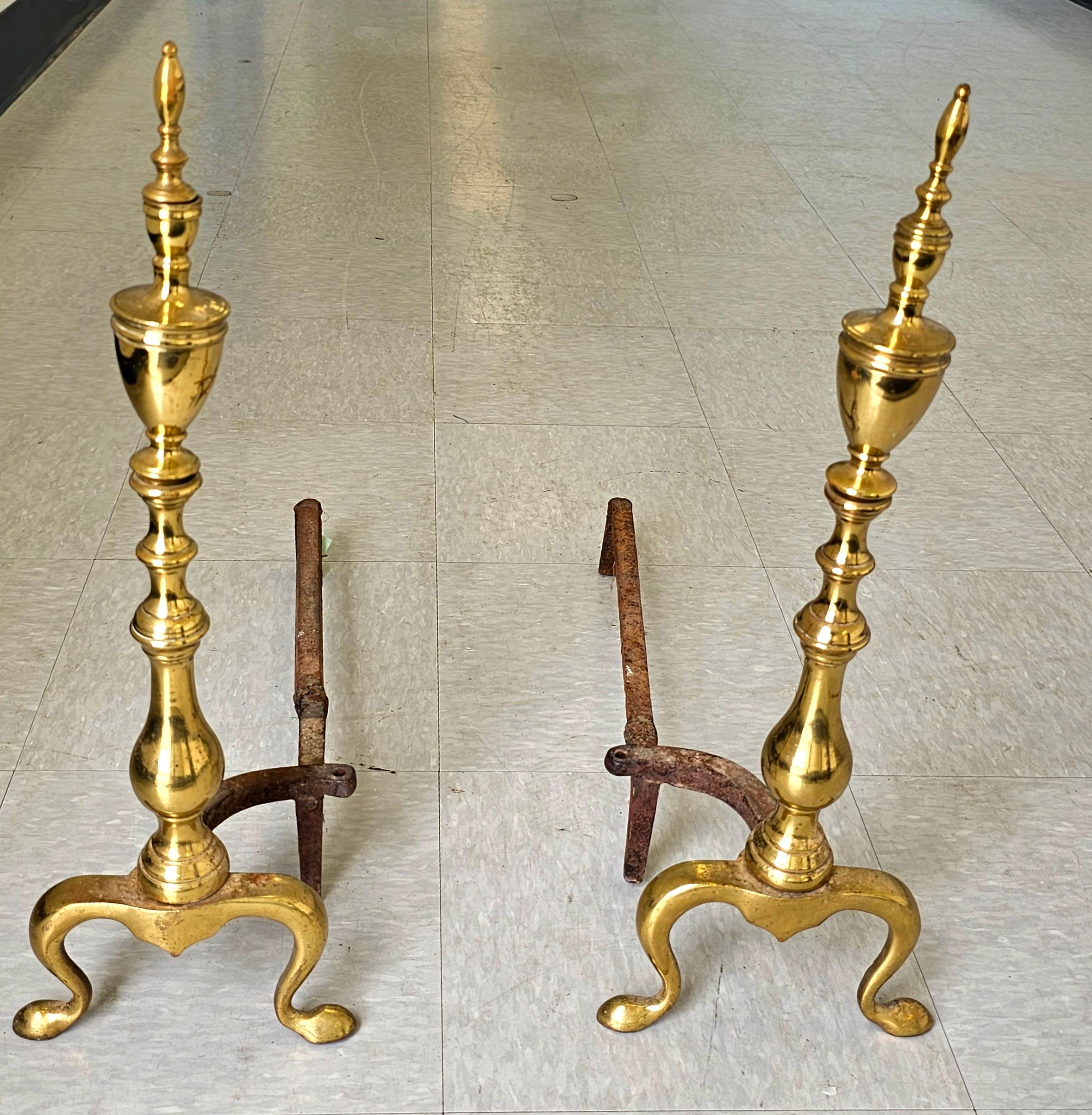 American Colonial Pair of Late 19th Century Solid Brass Andirons with Log Stops For Sale