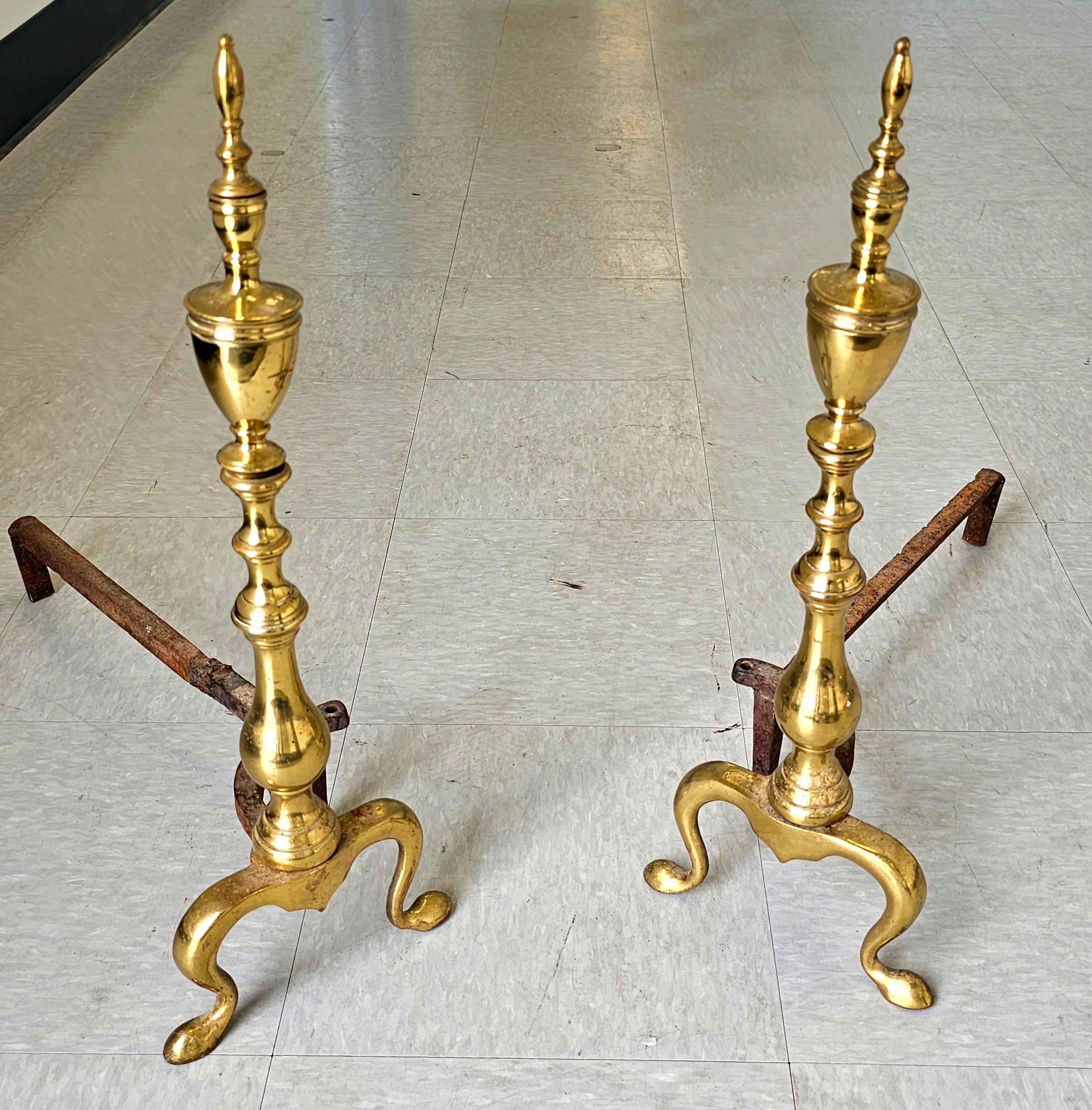 American Pair of Late 19th Century Solid Brass Andirons with Log Stops For Sale
