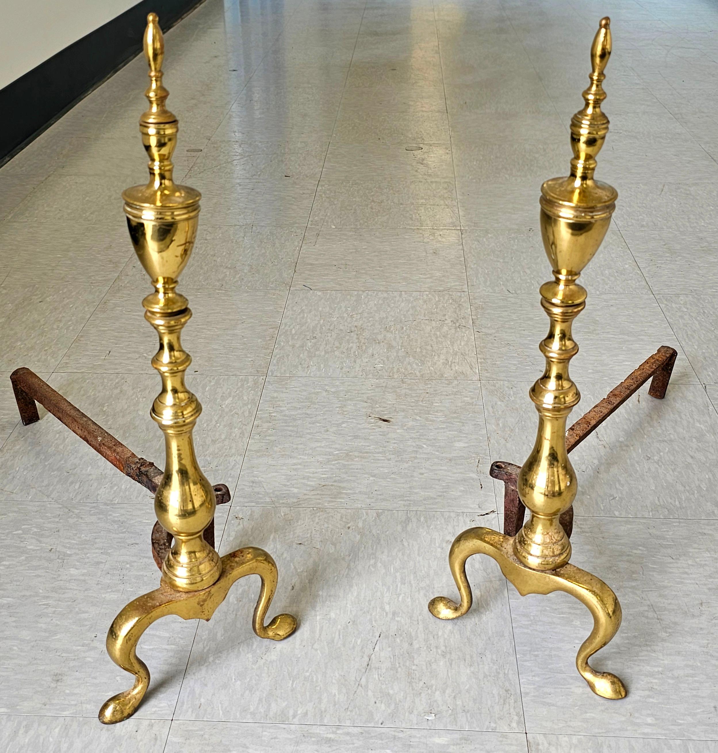 Hand-Crafted Pair of Late 19th Century Solid Brass Andirons with Log Stops For Sale