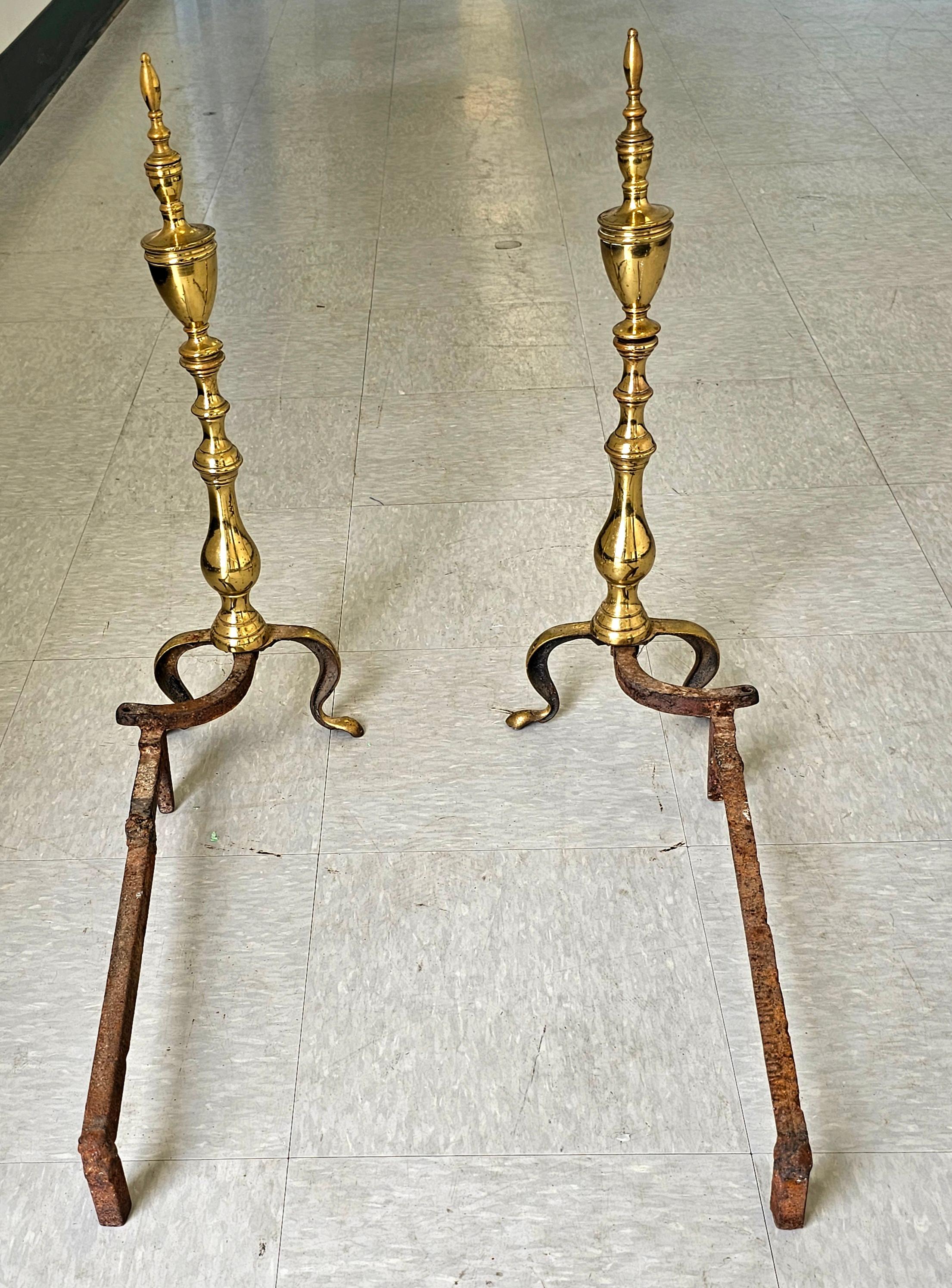 Pair of Late 19th Century Solid Brass Andirons with Log Stops In Good Condition For Sale In Germantown, MD