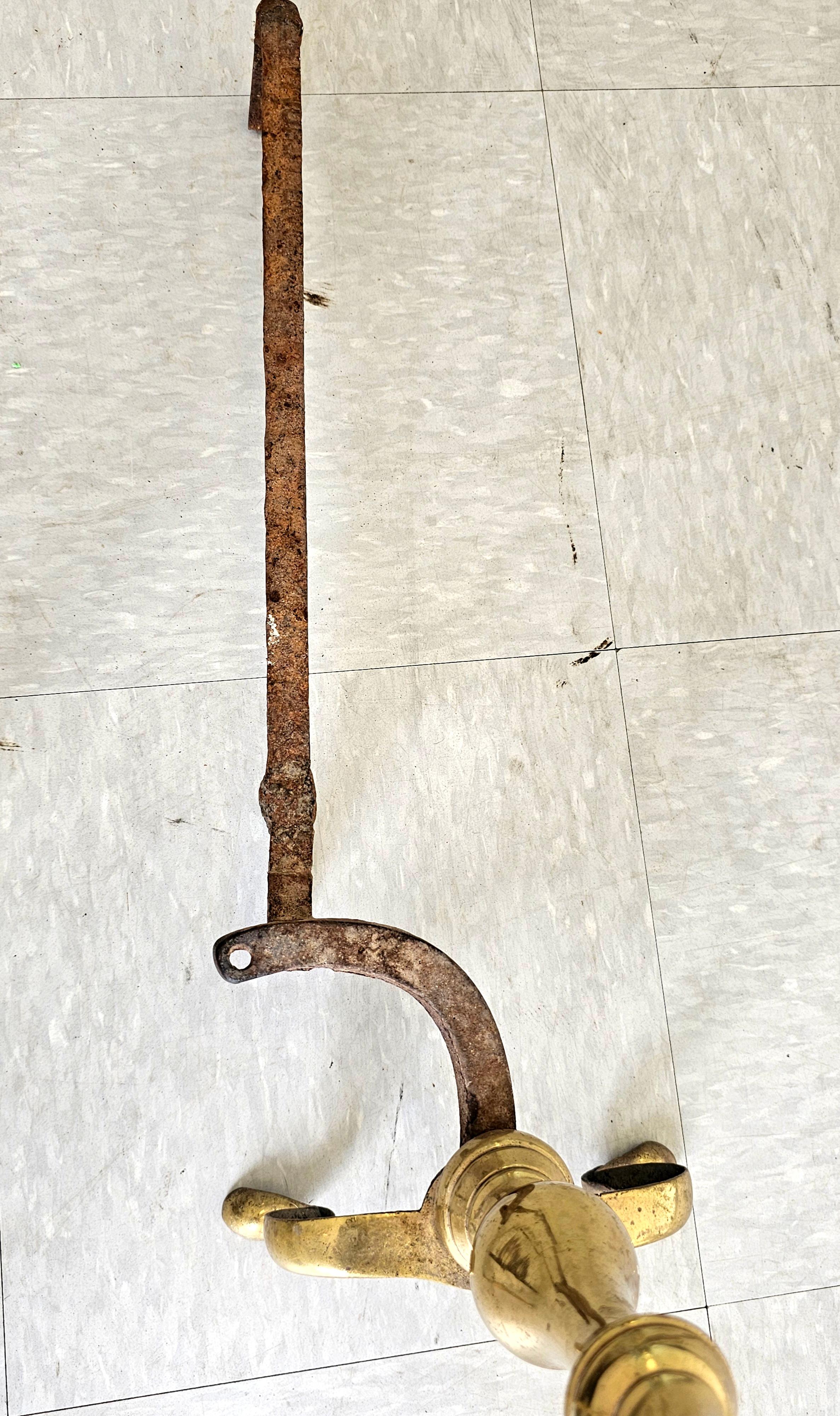 Iron Pair of Late 19th Century Solid Brass Andirons with Log Stops For Sale