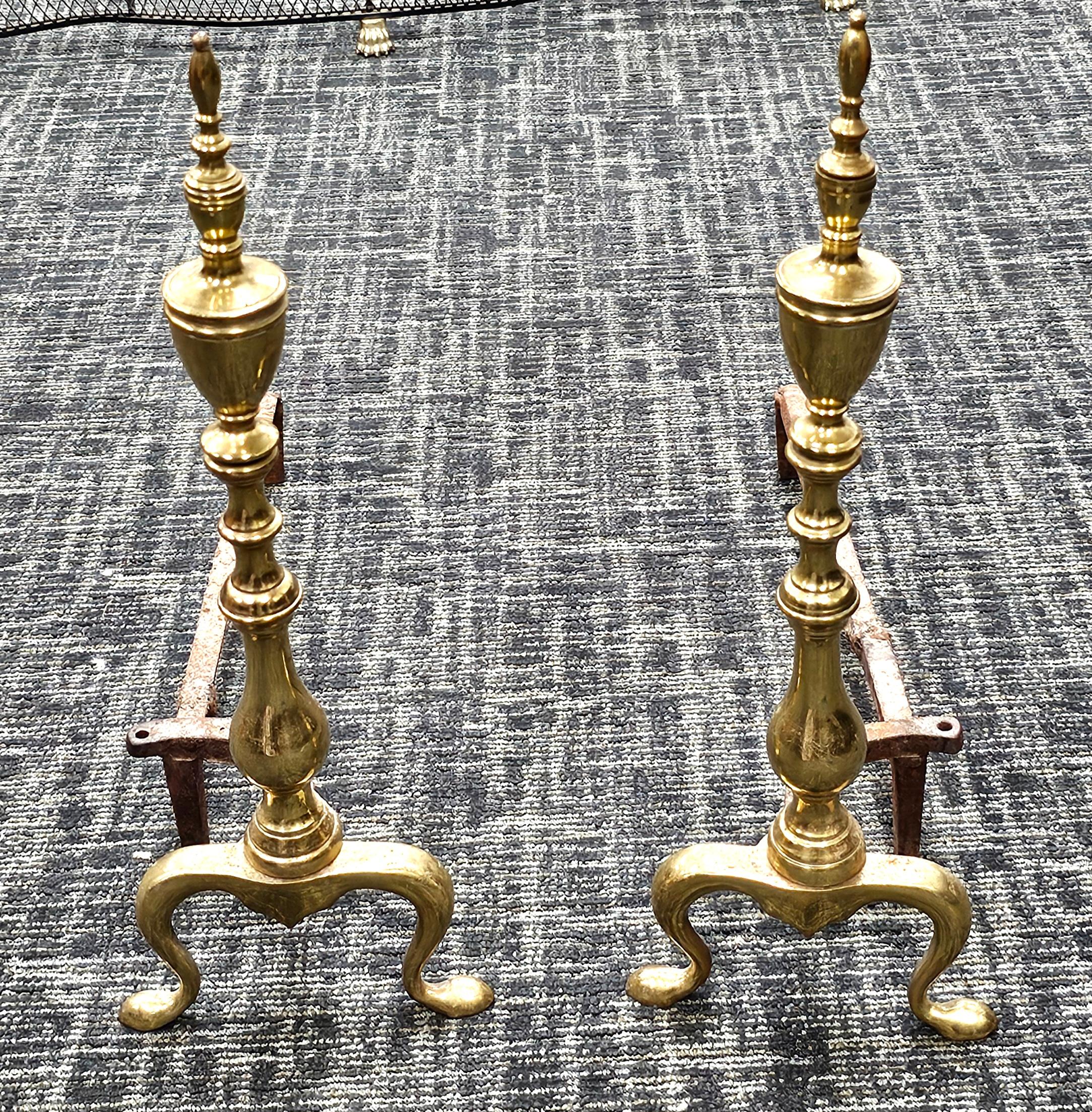 Pair of Late 19th Century Solid Brass Andirons with Log Stops For Sale 1