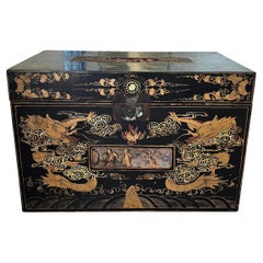 Chinese Late Qing Dynasty Ebonized and Partial Gilt Decorated Packing Trunk