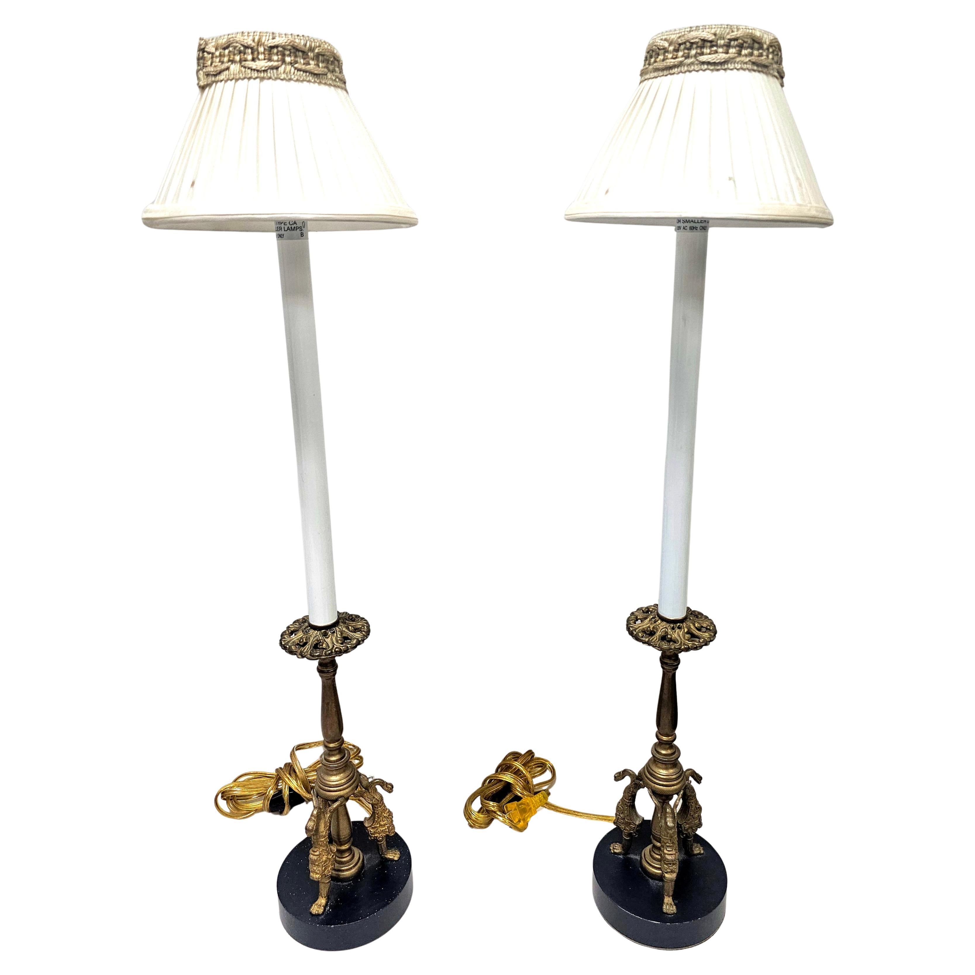 Pair of Egyptian Revival Style Brass Candlestick-Form Buffet  or Table Lamps
Measures 5