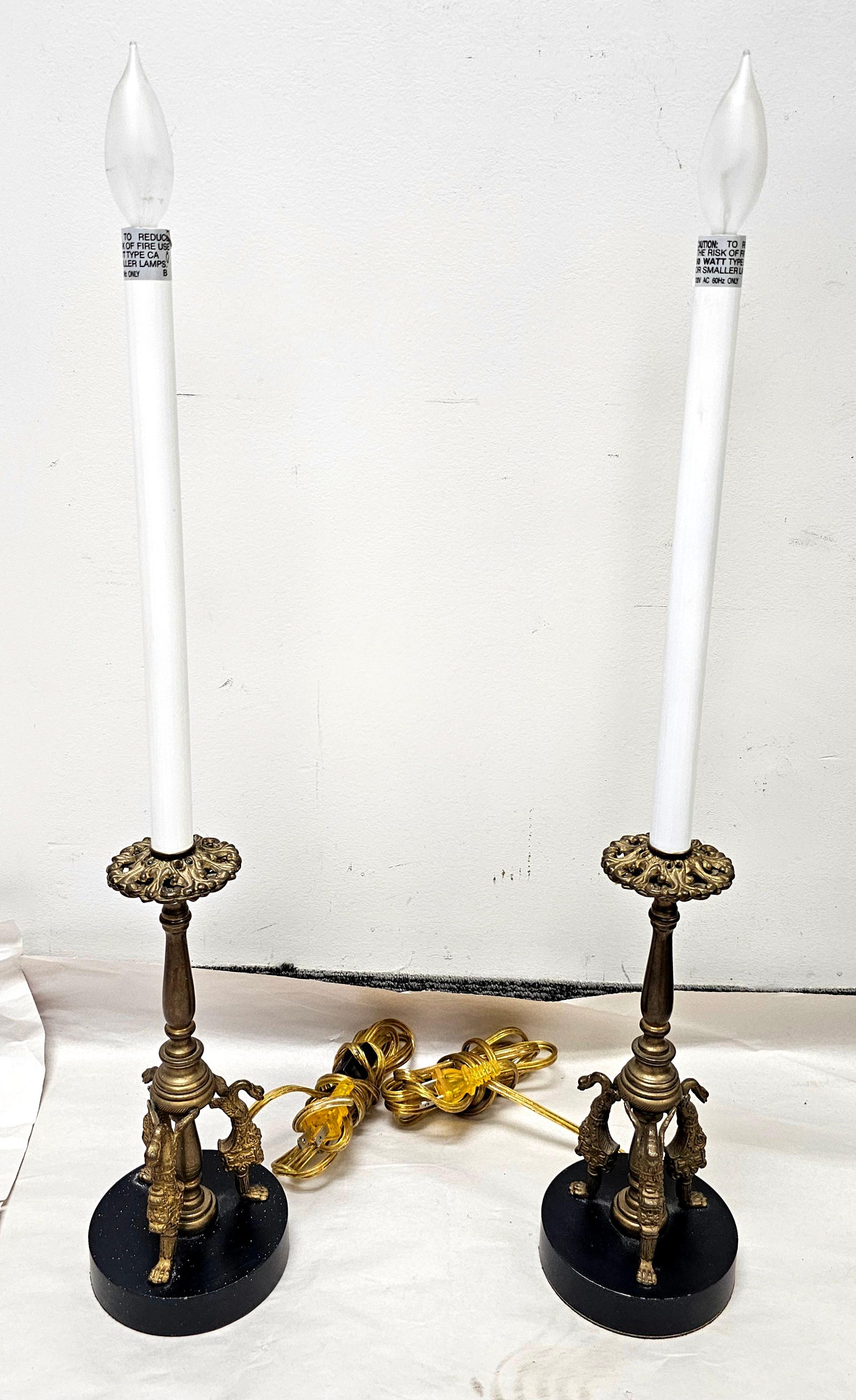 American Pair of Egyptian Revival Style Brass Candlestick-Form Buffet  or Table Lamps For Sale