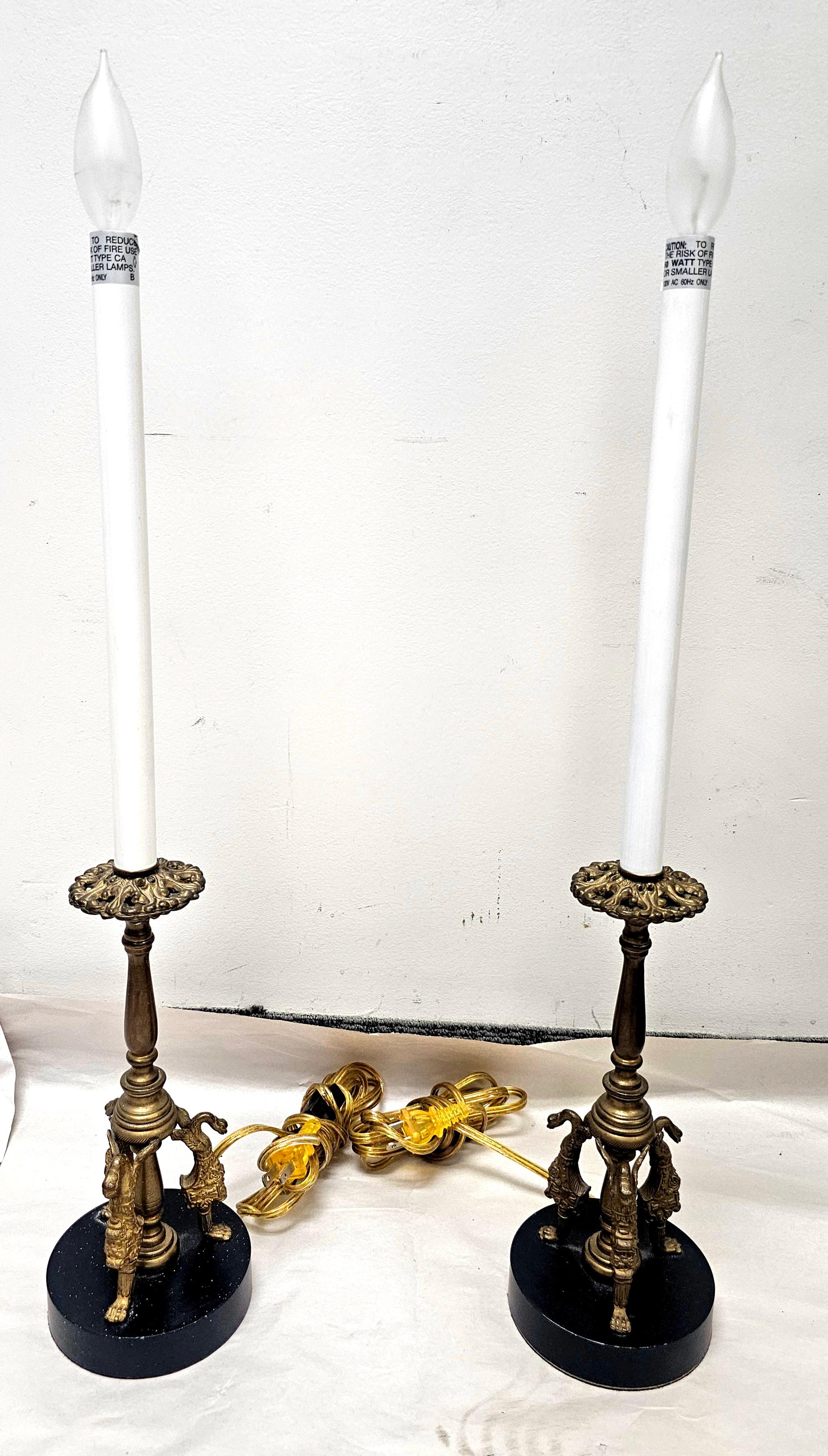 Other Pair of Egyptian Revival Style Brass Candlestick-Form Buffet  or Table Lamps For Sale