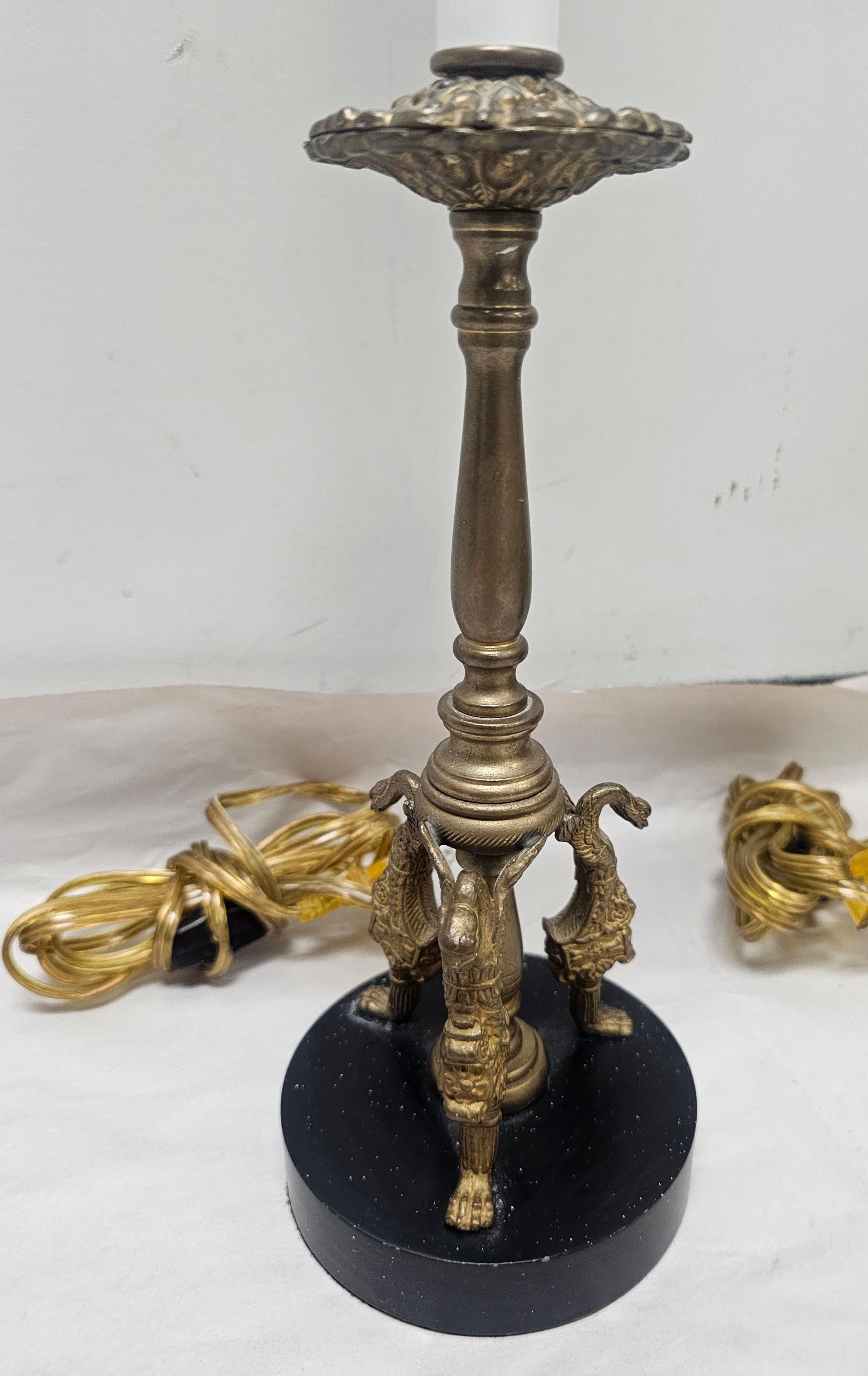 Pair of Egyptian Revival Style Brass Candlestick-Form Buffet  or Table Lamps In Good Condition For Sale In Germantown, MD