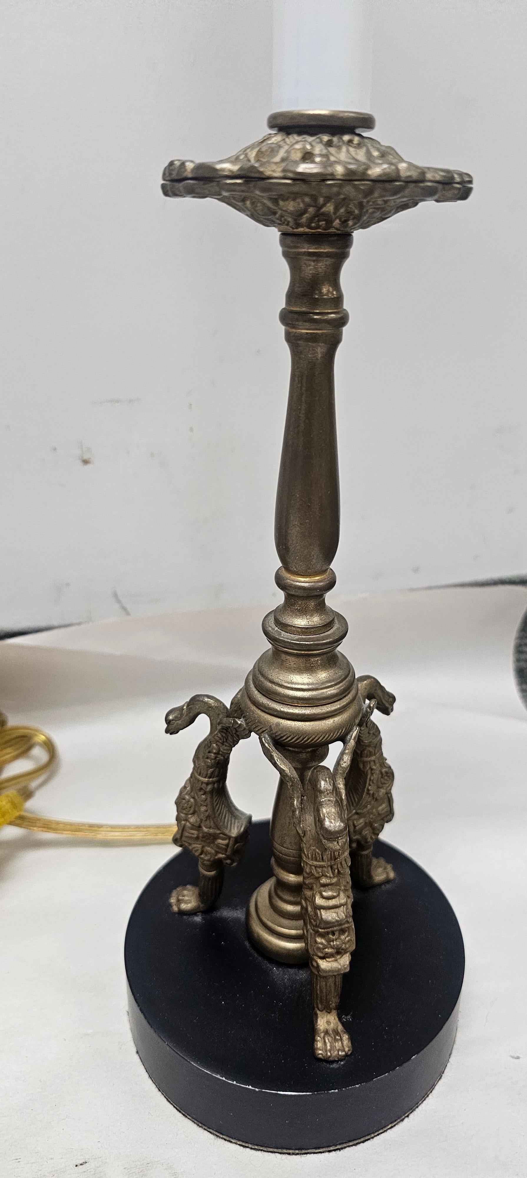 Pair of Egyptian Revival Style Brass Candlestick-Form Buffet  or Table Lamps For Sale 1