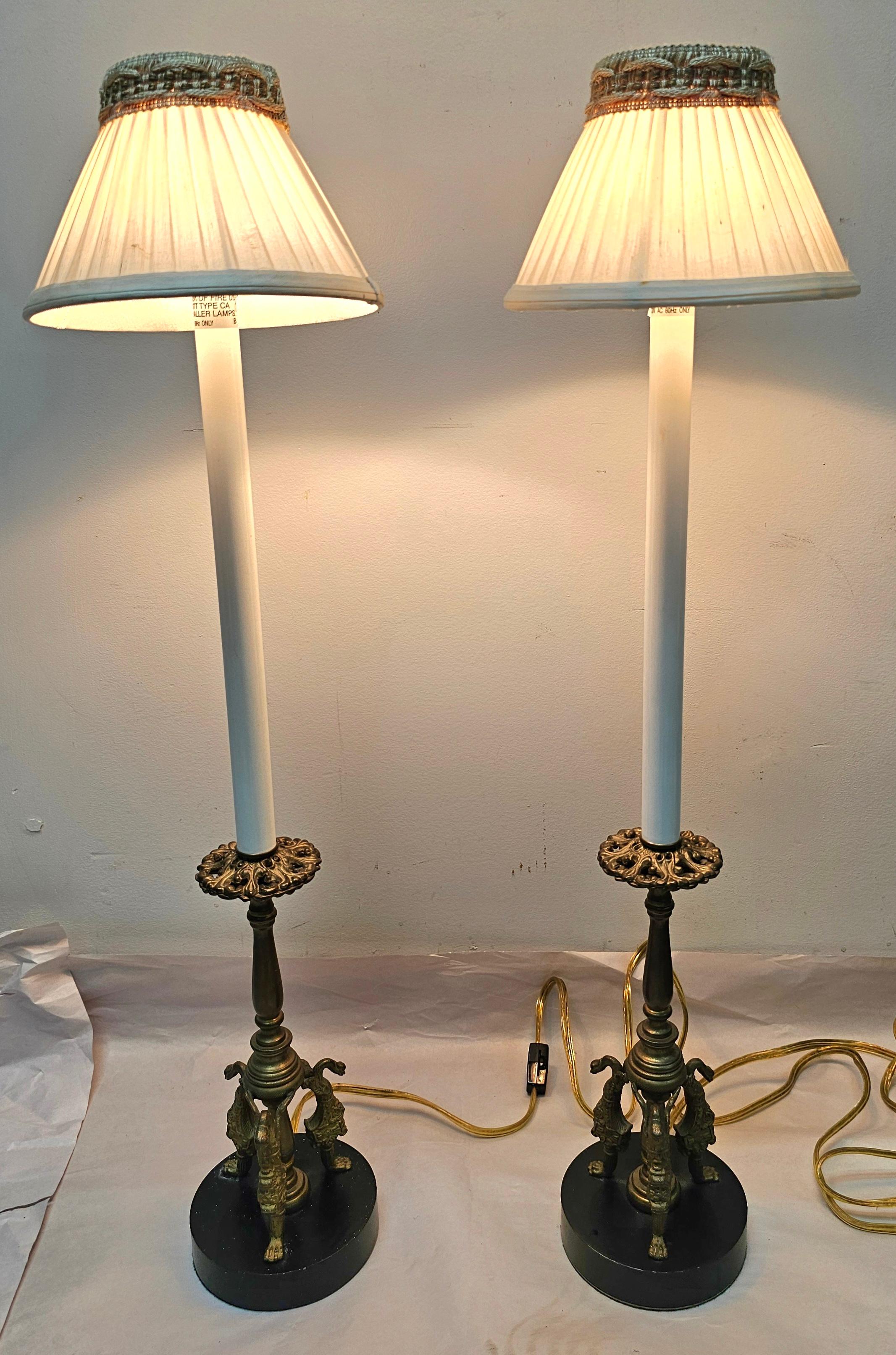 Pair of Egyptian Revival Style Brass Candlestick-Form Buffet  or Table Lamps For Sale 3