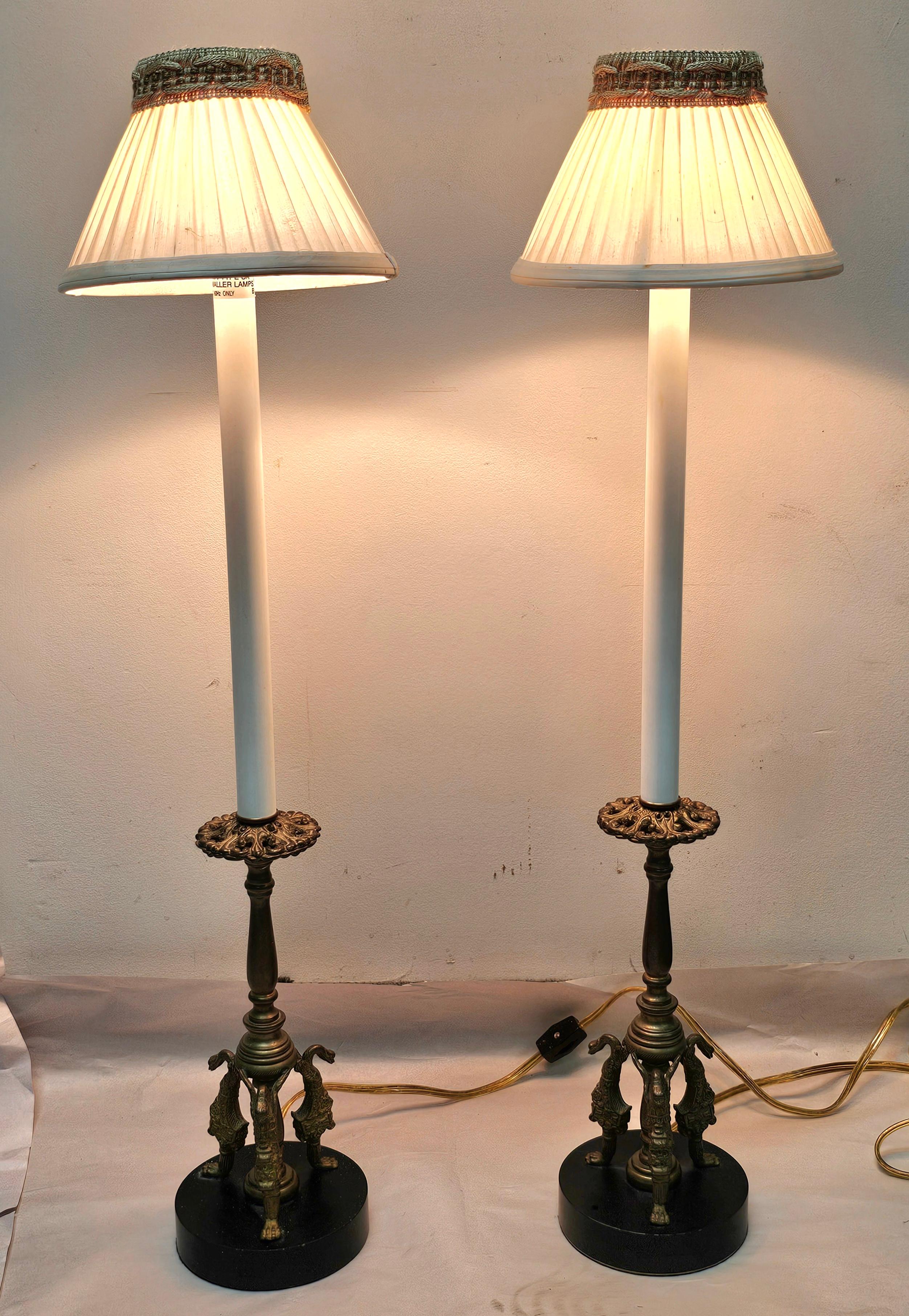 Pair of Egyptian Revival Style Brass Candlestick-Form Buffet  or Table Lamps For Sale 4