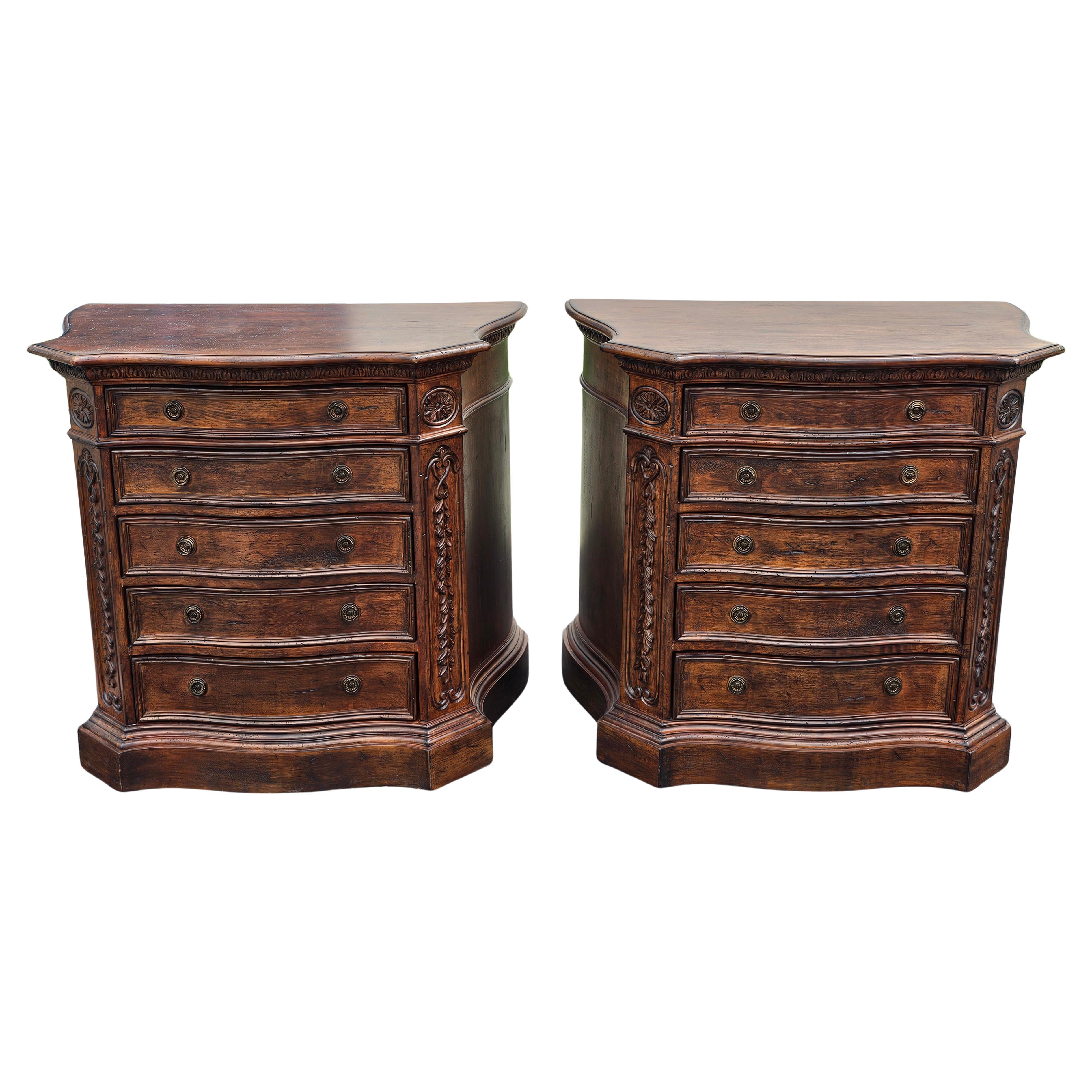 An Amazing Pair of Habersham Furniture Biltmore Estate Distressed Fruitwood Serpentine Front Bachelor's Chests of Drawers. Previous and original owner use the pair as a kitchen Island for a while and it just looked impressive 
Measures 39