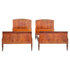 Pair Sligh Furniture Crotch Mahogany, Burl and Tulipwood Crossbanded Single Beds
