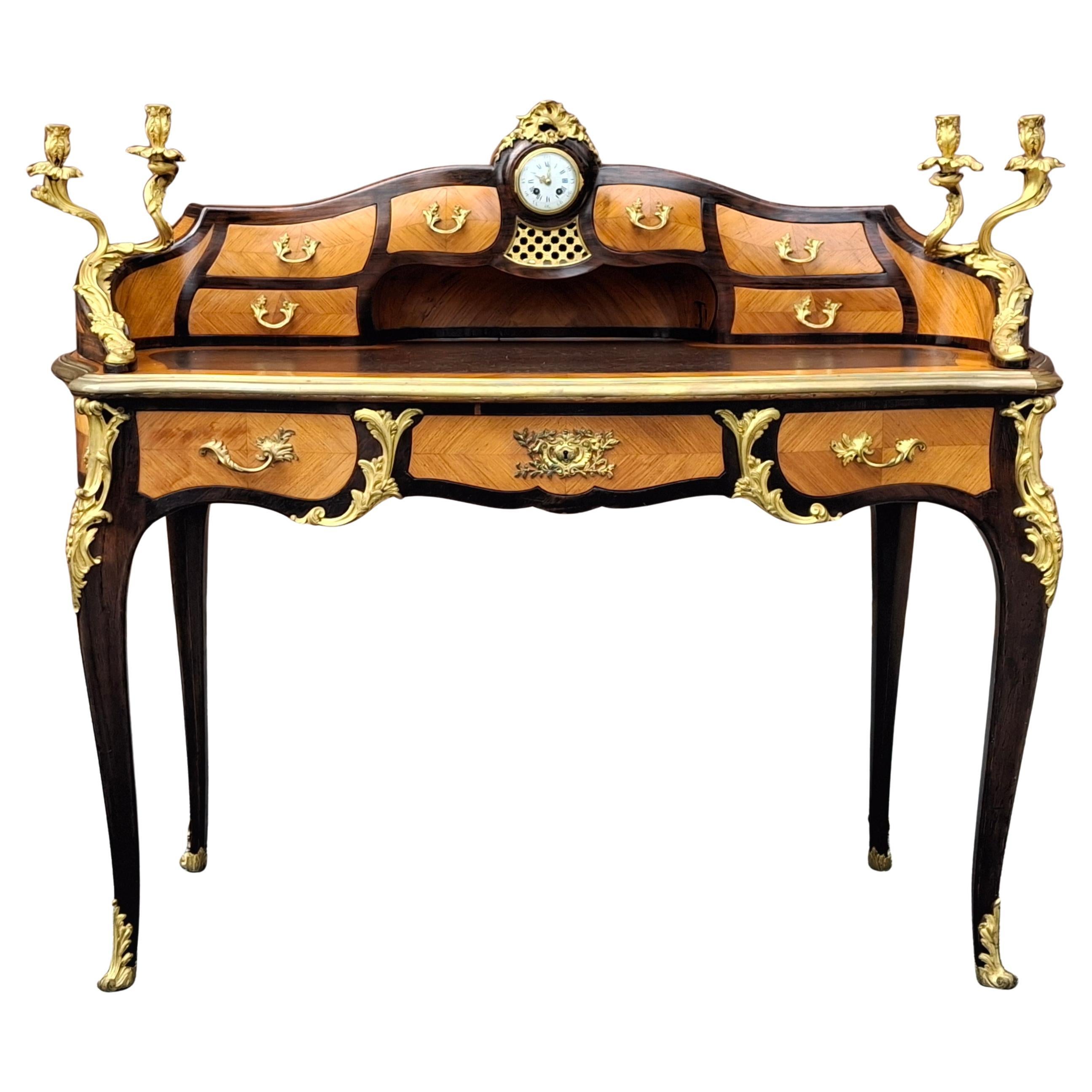 Louis XV Ormolu Tulipwood und Kingwood Parquetry Leather Top Lady's Bureau