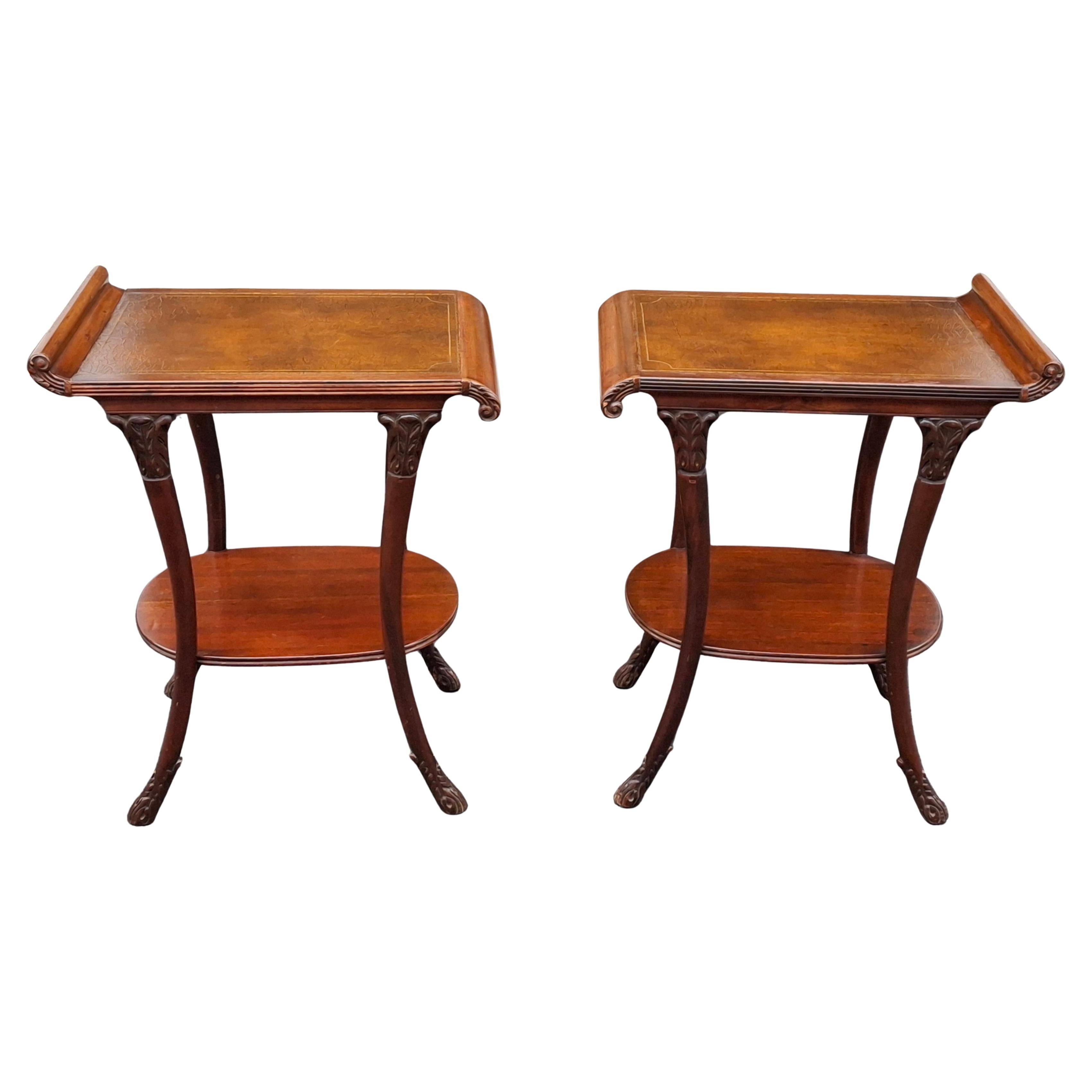 Pair Victorian Regency Style Carved Mahogany and Tooled Leather Inset Side Table