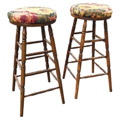 Pair Mid 20th Century Turned Walnut and Upholstered Barstools