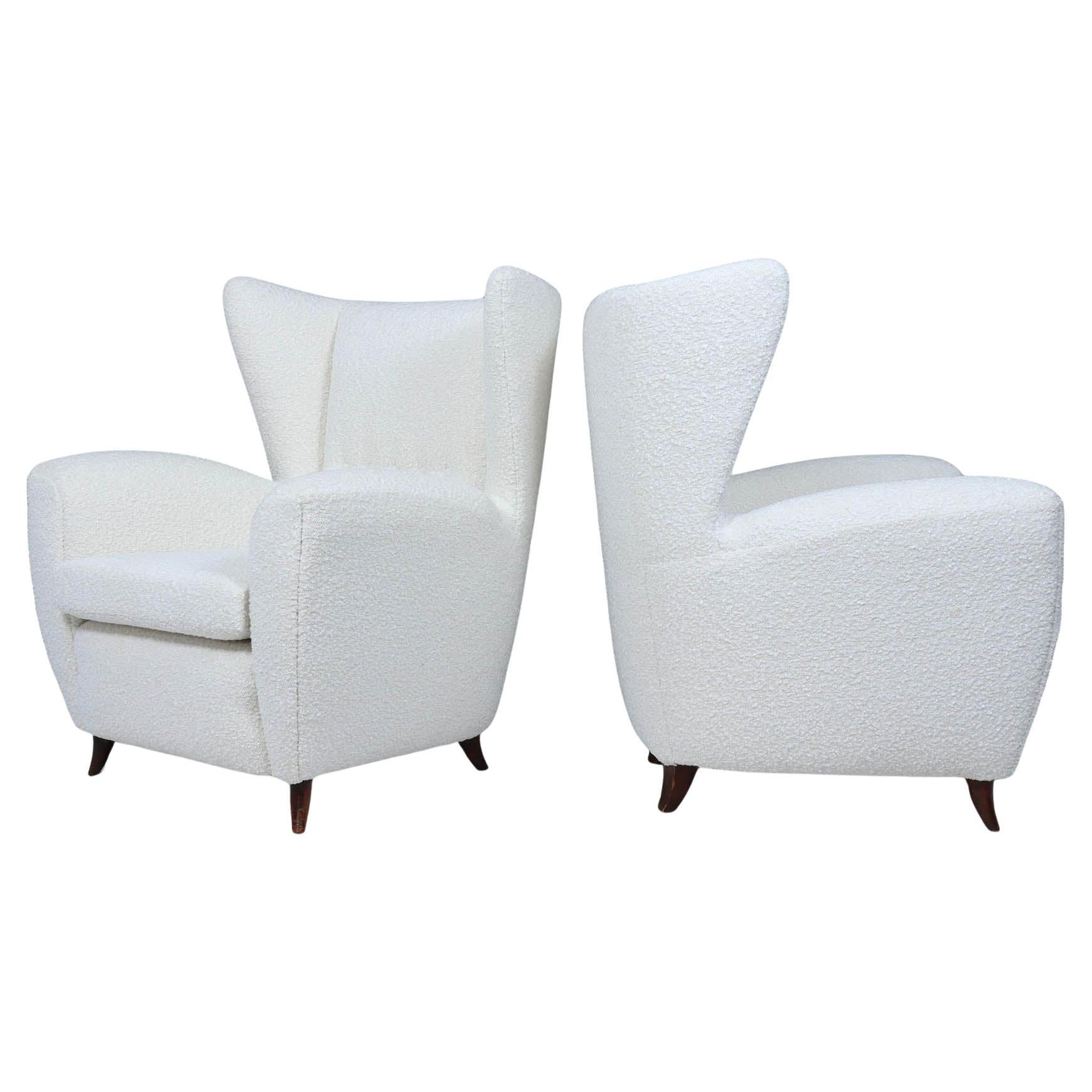Pair of Italian Mid-Century Wingback Armchairs in Bouclé, c. 1950s