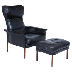 Hans Olsen Black Leather Lounge Chair & Stool, Circa 1960