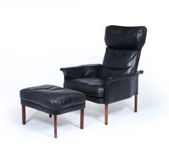 Hans Olsen Black Leather Lounge Chair & Stool, Circa 1960
