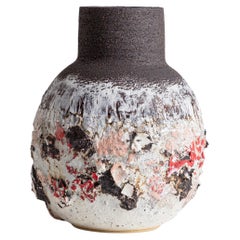 Large Heavily Textured Stoneware, Porcelain Black, White, Pink, Red Clay Vessel