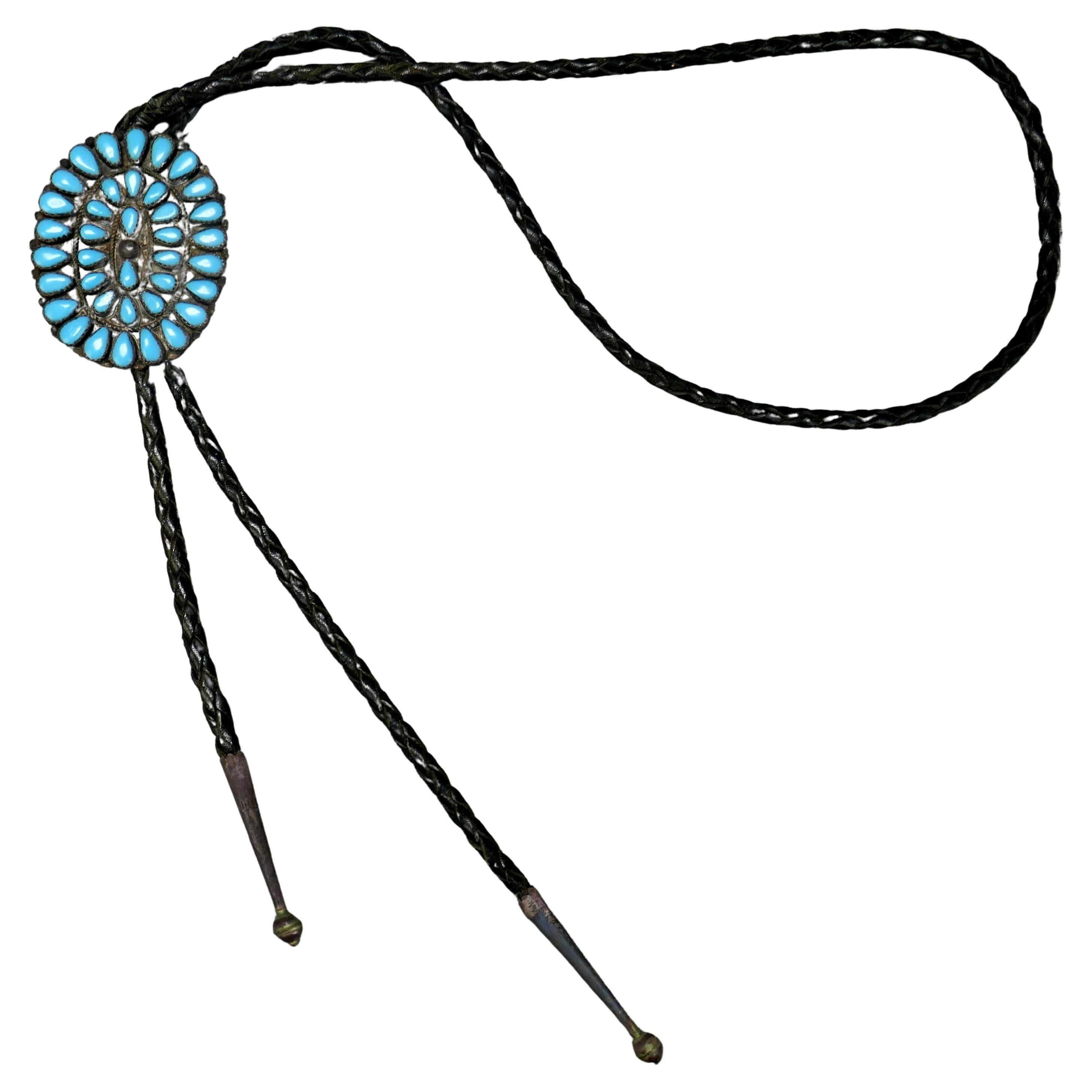 1950s Native American Navajo Pawn Silver & Petit Point Turquoise Bolo Tie en vente