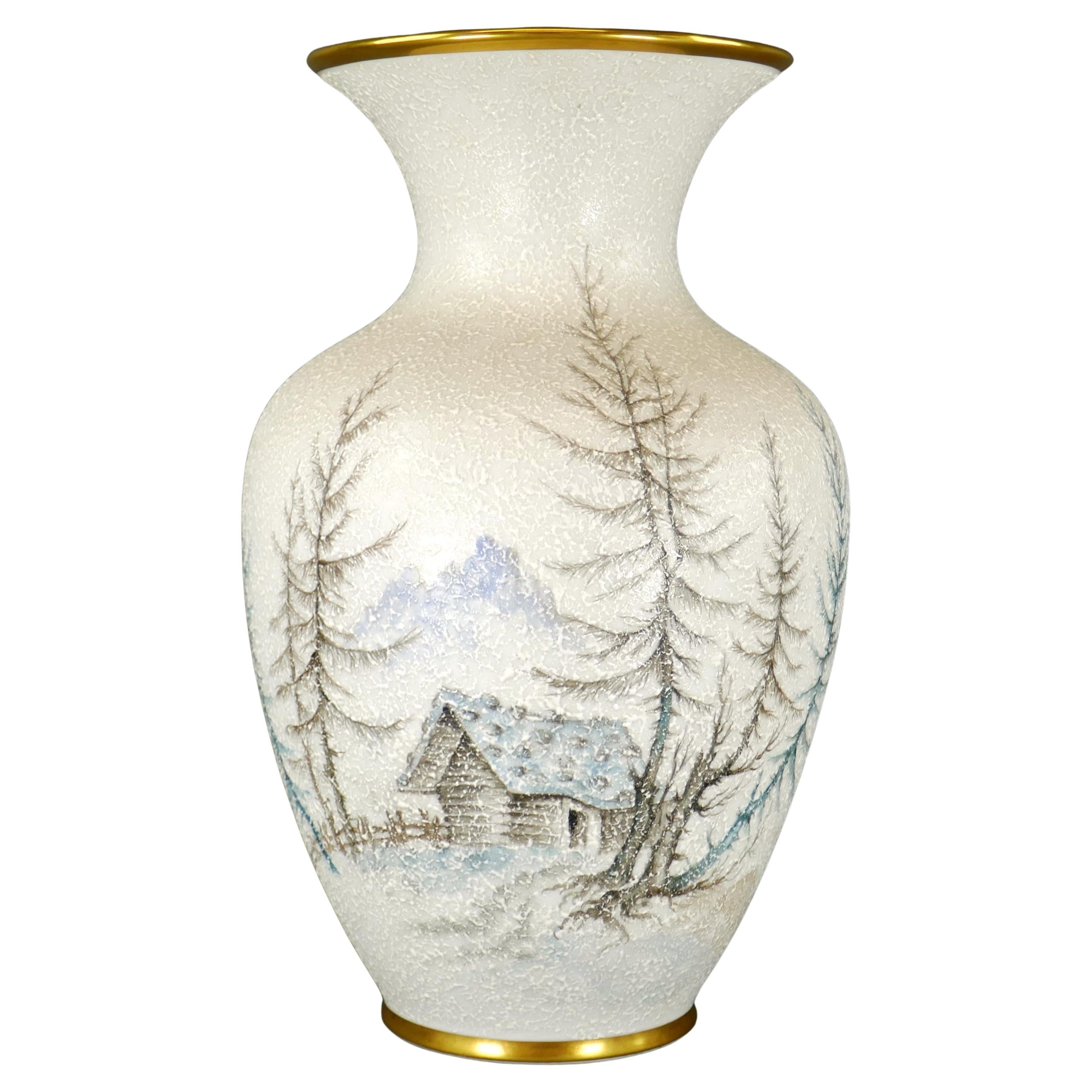Schumann Bavaria Large Snow Scene Cabin German Moriage Porcelain Gilt Rim Vase