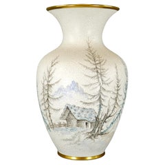 Schumann Bavaria Large Snow Scene Cabin German Moriage Porcelain Gilt Rim Vase