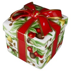 Tiffany & Co. Christmas Porcelain Gift Box with Red Bow, Pears, Cherries & Acorn