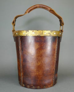 Valmazan Spanish Leather and Gilt Campaign Fireplace Tinder Fuel Bucket c1960