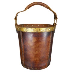 Valmazan Spanish Leather and Gilt Campaign Fireplace Tinder Fuel Bucket c1960