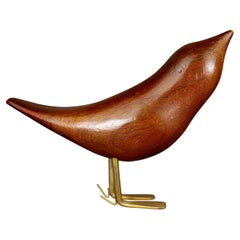 Mid-Century Modern Hand Carved Wood Sparrow Bird Sculpture with Brass Legs