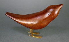 Mid-Century Modern Hand Carved Wood Sparrow Bird Sculpture with Brass Legs