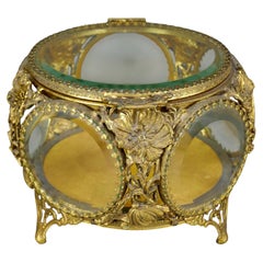 Antique French Ormolu Gilt Bronze Beveled Glass Jewelry Casket with Poppy Flower