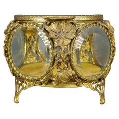 Antique French Ormolu Gilt Bronze Beveled Glass Jewelry Casket with Poppy Flower