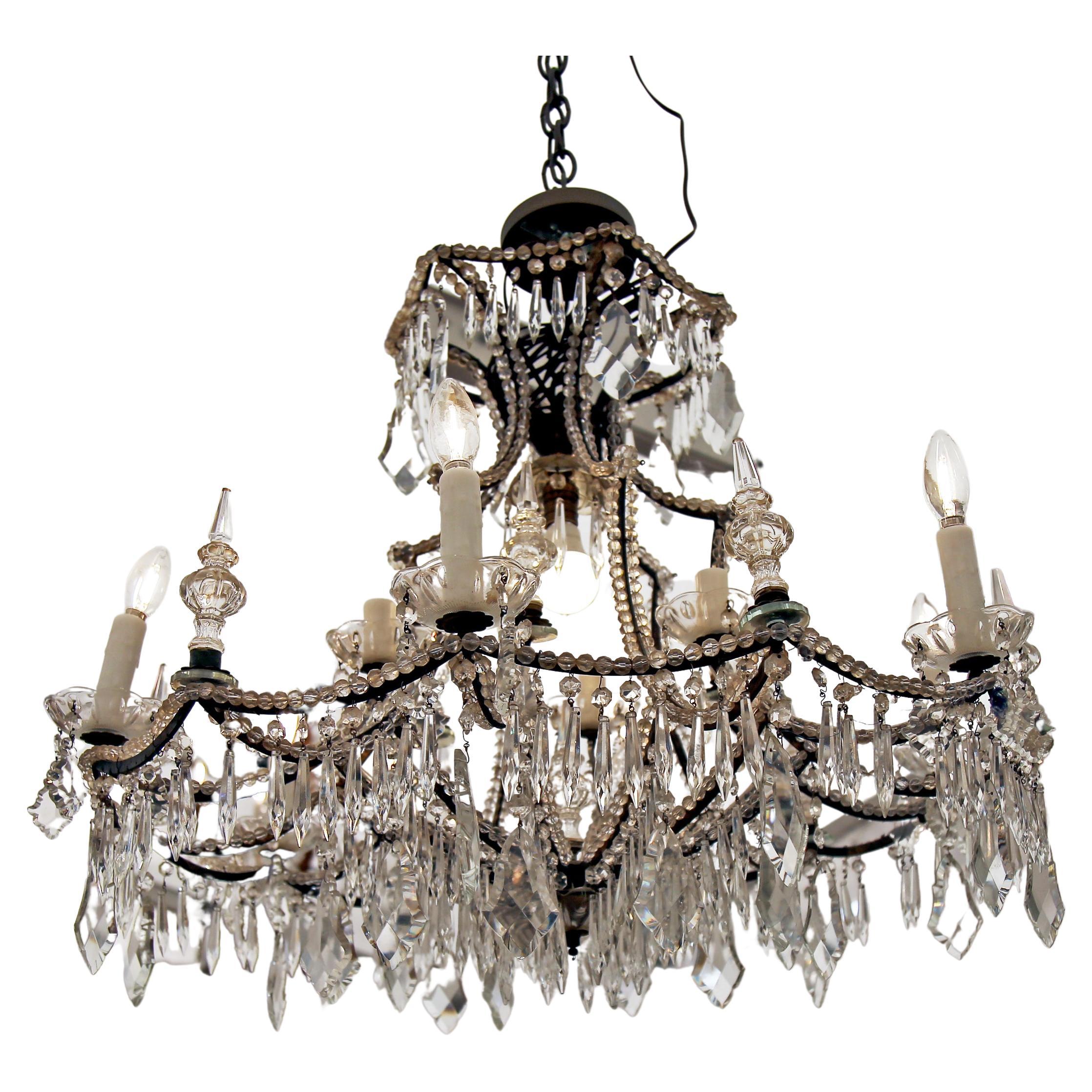 19th Century Iron and Crystal Italian Chandelier US Wired For Sale