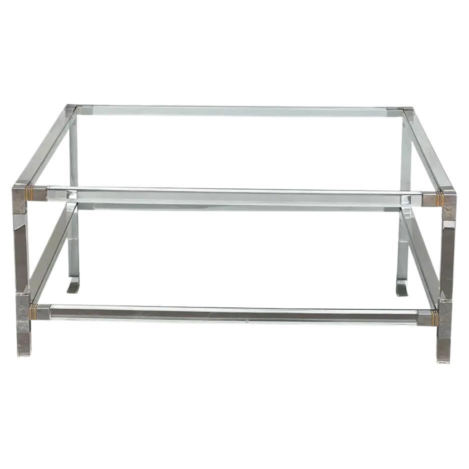 Mid-Century Modern Brass, Chrome and Lucite Italian Coffee Table For Sale