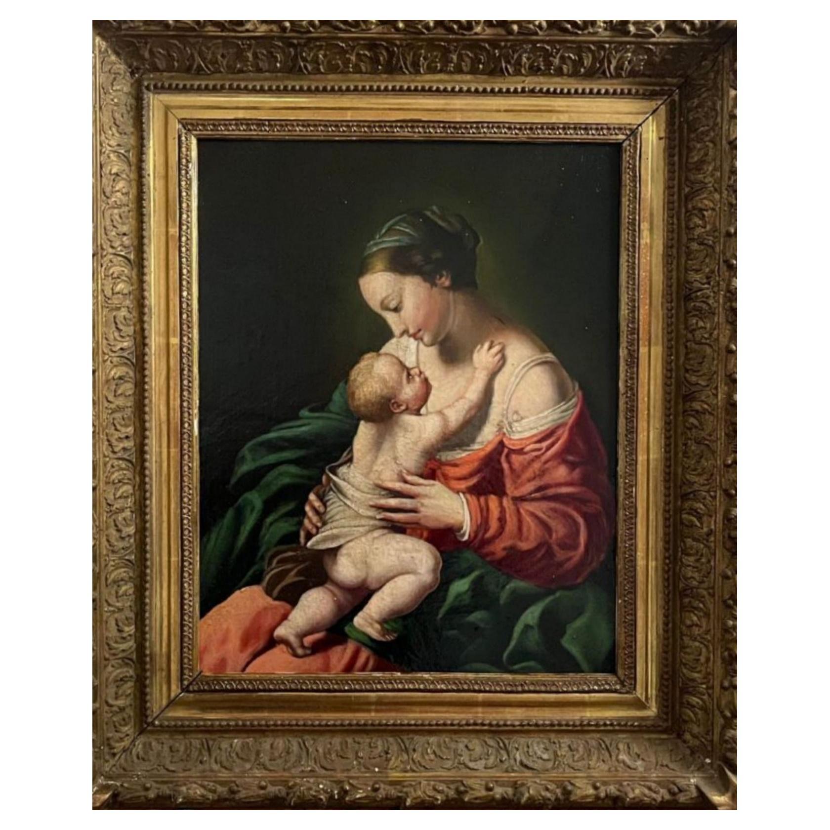 Magnifique école italienne « Virgin and Child » fin du 19ème siècle
Peinture à l'huile sur toile,
Dimensions : 50x57 cm, cadre compris,
bon état pour l'âge