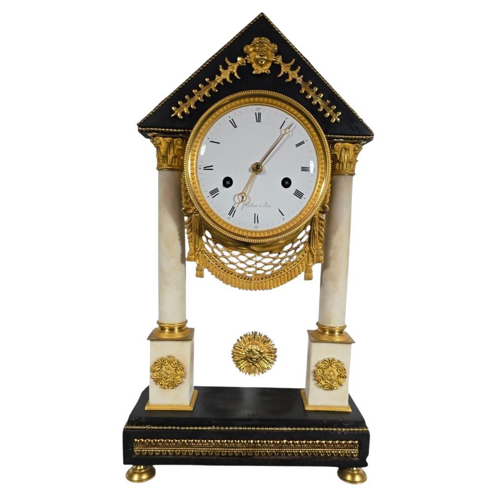 French Portico Clock – Black and White Marble, Gilt Bronze – Early 19th Century For Sale