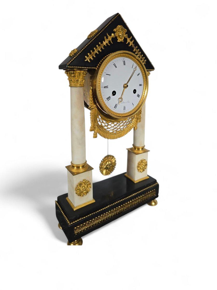 Empire French Portico Clock – Black and White Marble, Gilt Bronze – Early 19th Century For Sale