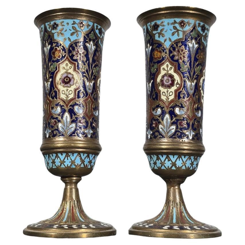 Pair of French enameled bronze vases – 19th century For Sale