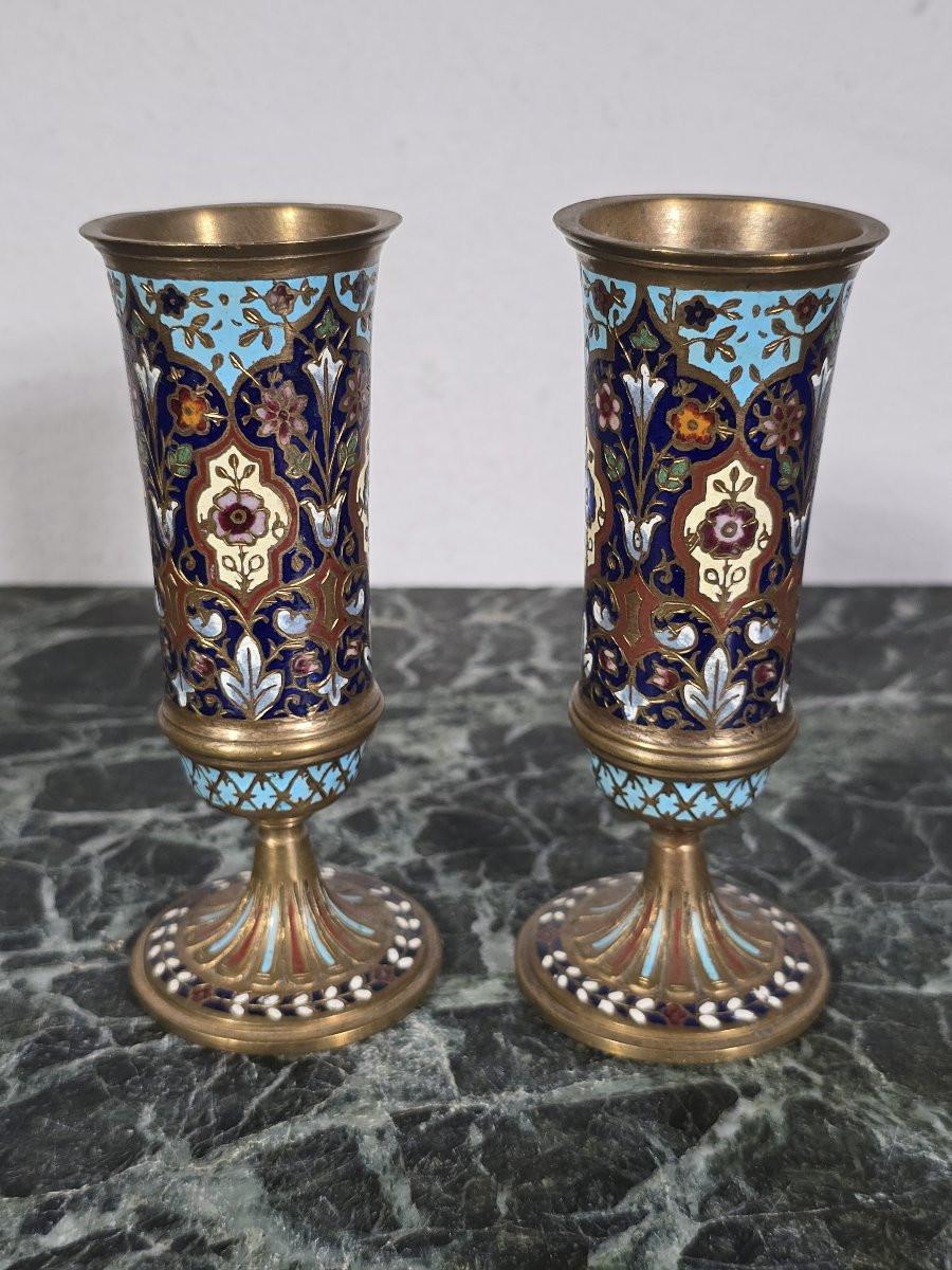 Other Pair of French enameled bronze vases – 19th century For Sale