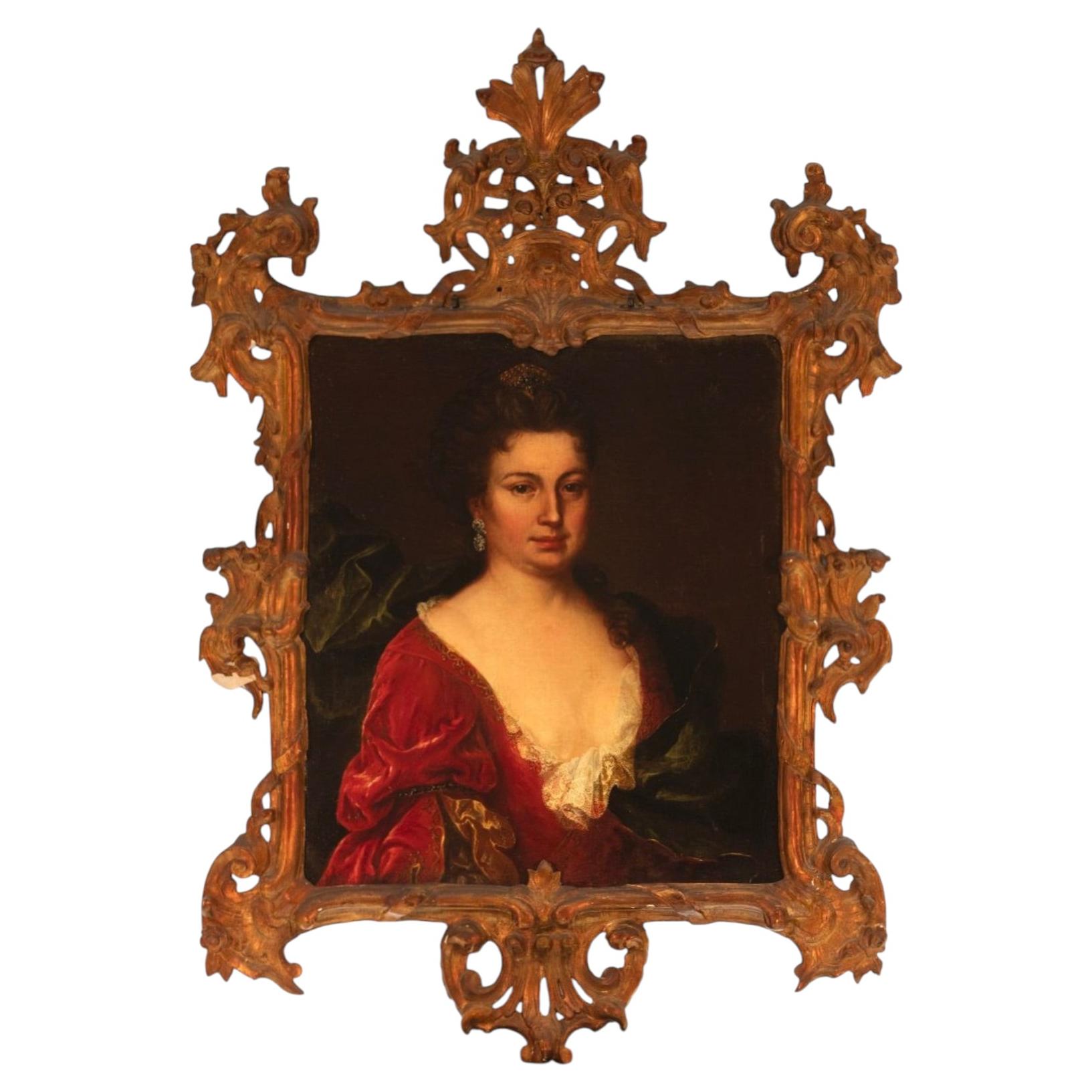 18th Century Italian Baroque Portrait of Princess of Ruspoli in Carved Giltwood