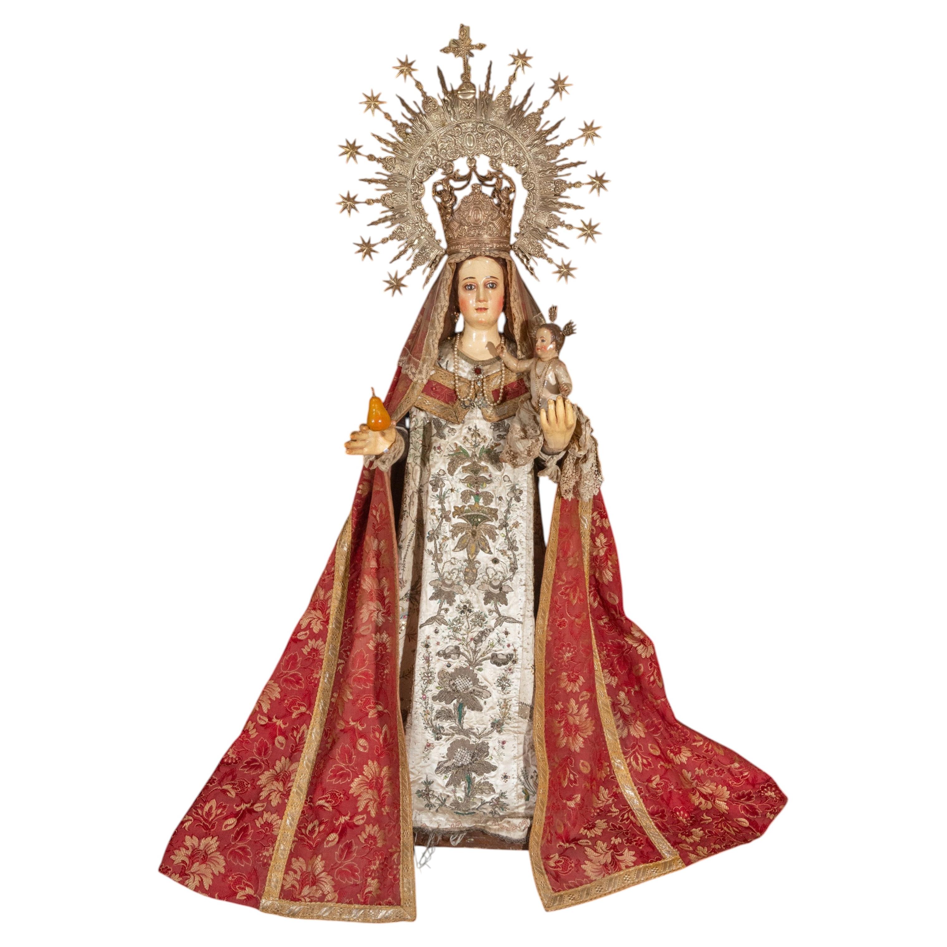 Important Cuzco School Madonna of the Pear, Silver-Faced Child, 17th Century For Sale
