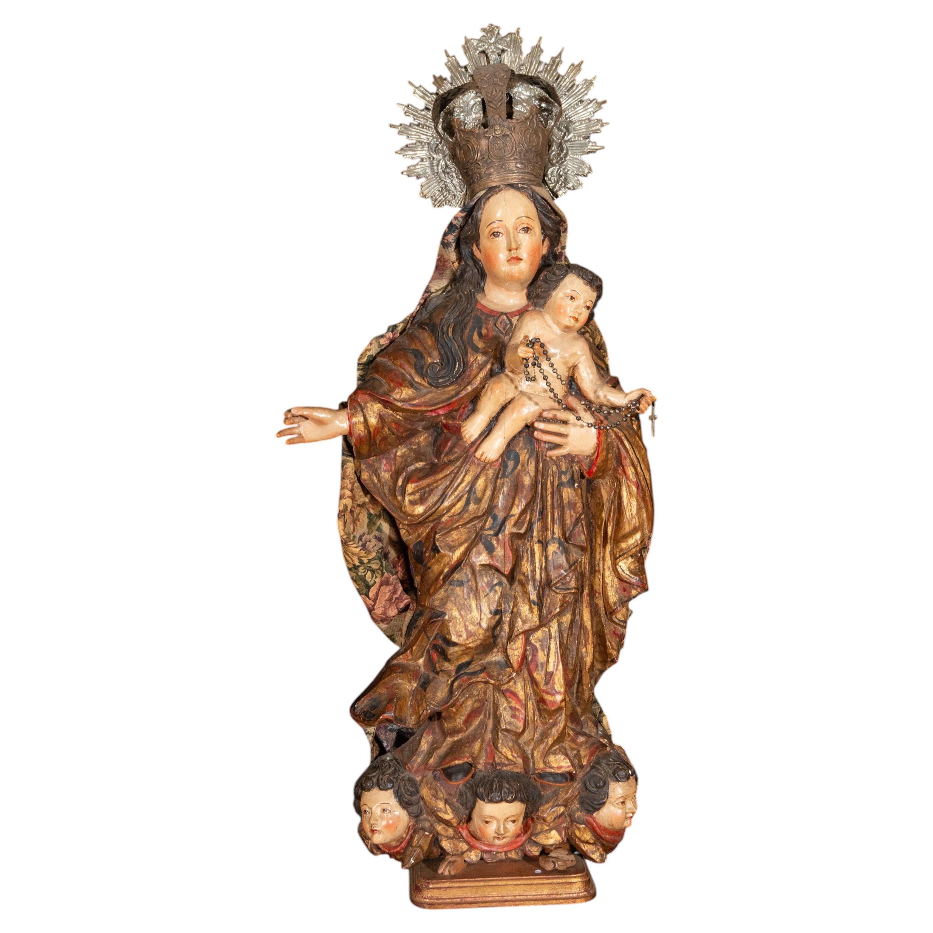 Baroque Virgin and Child with Peruvian Silver Crown, Spain, 18th Century