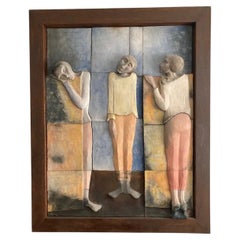 Unique Verdú Ceramic Relief Wall Mural Composed of Twelve Panels, Framed in Wrou