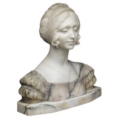 19th-Century Italian School "Bust of a Woman" in Carrara Marble, Signed